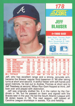 1990 Score #178 Jeff Blauser Back