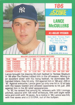 1990 Score #186 Lance McCullers Back