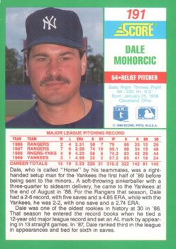 1990 Score #191 Dale Mohorcic Back