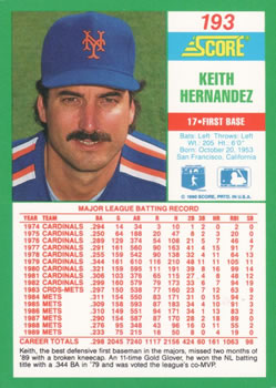 1990 Score #193 Keith Hernandez Back