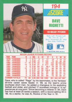 1990 Score #194 Dave Righetti Back