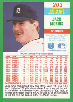 1990 Score #203 Jack Morris Back