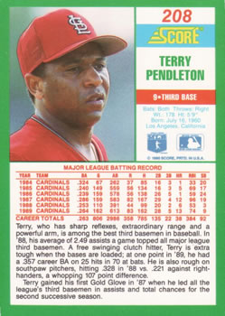 1990 Score #208 Terry Pendleton Back