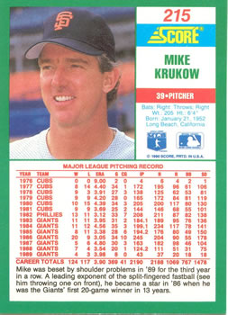 1990 Score #215 Mike Krukow Back