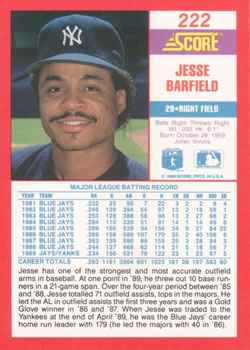 1990 Score #222 Jesse Barfield Back