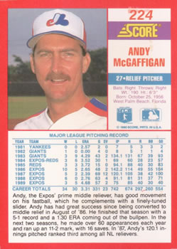 1990 Score #224 Andy McGaffigan Back