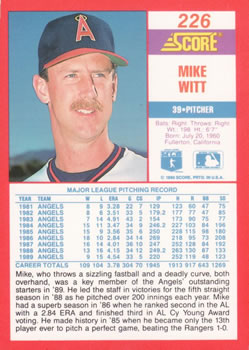 1990 Score #226 Mike Witt Back