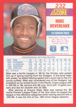 1990 Score #232 Mike Devereaux Back