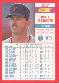 1990 Score #237 Doyle Alexander Back