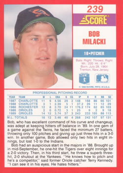 1990 Score #239 Bob Milacki Back