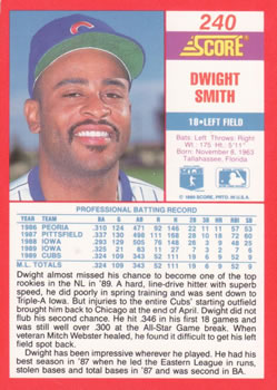 1990 Score #240 Dwight Smith Back