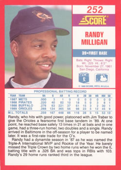1990 Score #252 Randy Milligan Back