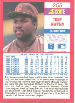 1990 Score #255 Tony Gwynn Back