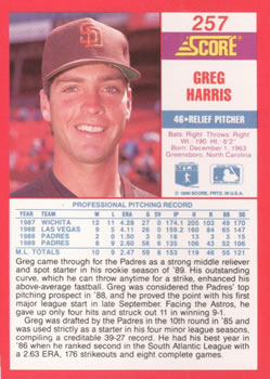 1990 Score #257 Greg Harris Back