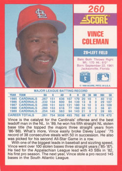 1990 Score #260 Vince Coleman Back