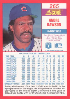 1990 Score #265 Andre Dawson Back