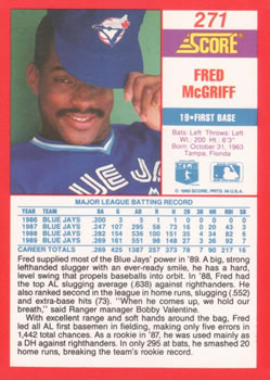 1990 Score #271 Fred McGriff Back
