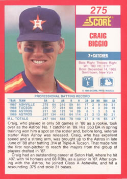 1990 Score #275 Craig Biggio Back