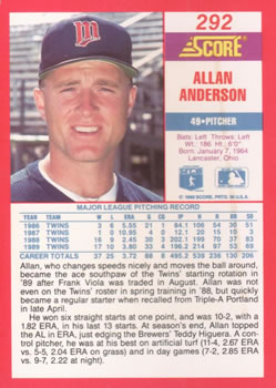 1990 Score #292 Allan Anderson Back