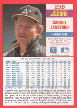 1990 Score #296 Carney Lansford Back