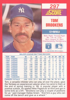 1990 Score #297 Tom Brookens Back
