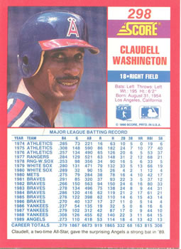 1990 Score #298 Claudell Washington Back