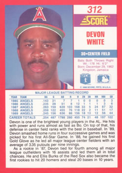 1990 Score #312 Devon White Back