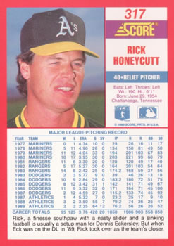 1990 Score #317 Rick Honeycutt Back