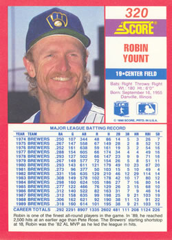 1990 Score #320 Robin Yount Back