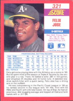 1990 Score #321 Felix Jose Back