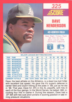 1990 Score #325 Dave Henderson Back