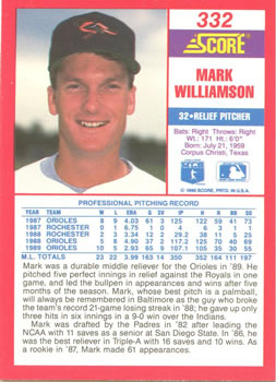 1990 Score #332 Mark Williamson Back