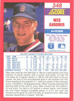 1990 Score #348 Wes Gardner Back