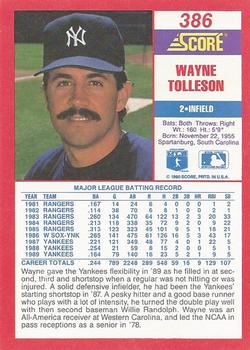 1990 Score #386 Wayne Tolleson Back