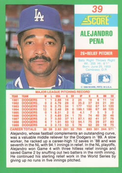 1990 Score #39 Alejandro Pena Back