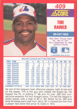 1990 Score #409 Tim Raines Back