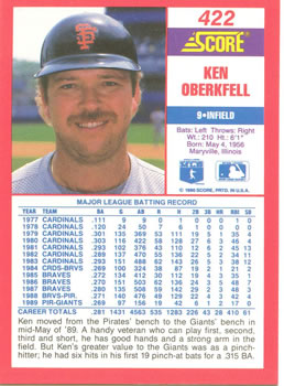 1990 Score #422 Ken Oberkfell Back