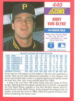 1990 Score #440 Andy Van Slyke Back