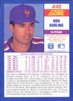 1990 Score #446 Ron Darling Back