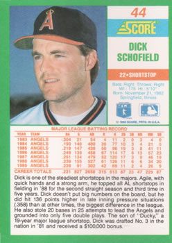 1990 Score #44 Dick Schofield Back