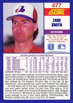 1990 Score #477 Zane Smith Back