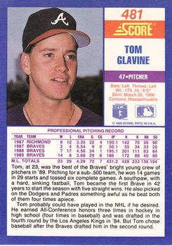 1990 Score #481 Tom Glavine Back