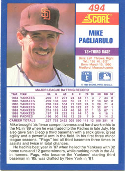 1990 Score #494 Mike Pagliarulo Back