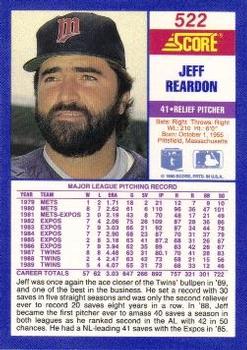 1990 Score #522 Jeff Reardon Back