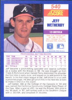 1990 Score #540 Jeff Wetherby Back