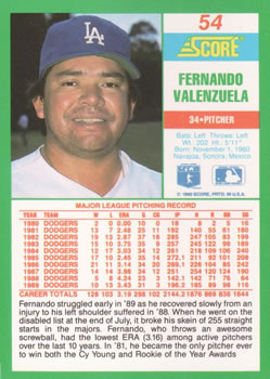 1990 Score #54 Fernando Valenzuela Back