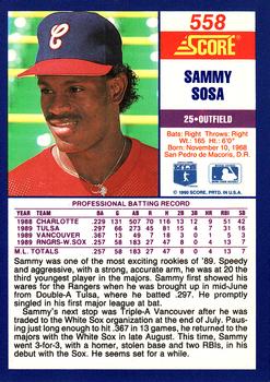 1990 Score #558 Sammy Sosa Back