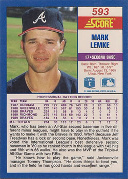 1990 Score #593 Mark Lemke Back