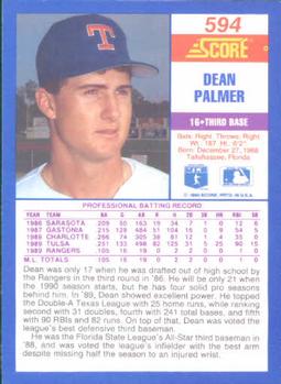 1990 Score #594 Dean Palmer Back