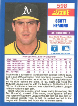 1990 Score #598 Scott Hemond Back